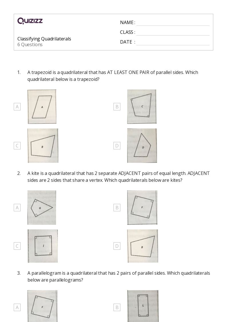 50+ Classifying Quadrilaterals worksheets for 4th Class on Quizizz