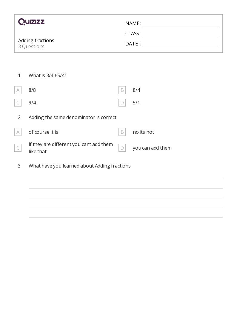 50+ Adding Fractions worksheets on Quizizz Free & Printable