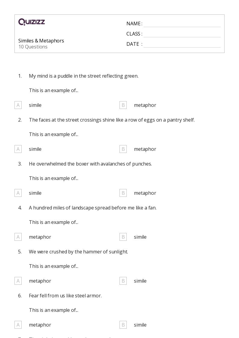 50+ Similes worksheets for 6th Grade on Quizizz Free & Printable