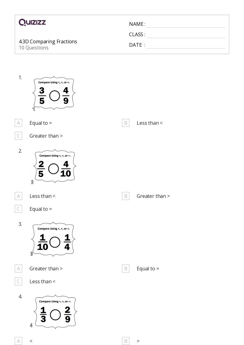 50+ Comparing Fractions worksheets for 4th Grade on Quizizz Free & Printable