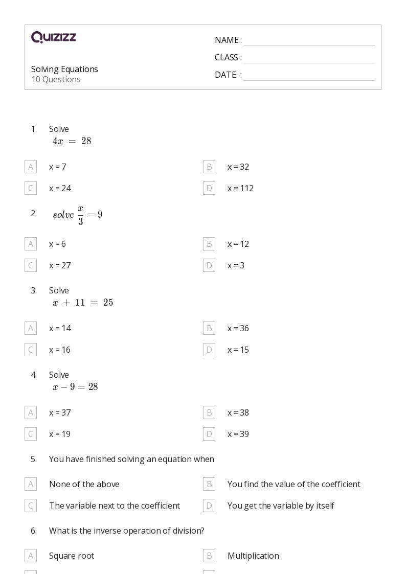 50+ Solving Equations worksheets for 7th Grade on Quizizz Free & Printable
