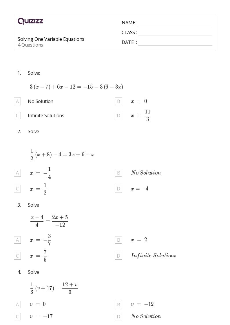 50+ OneVariable Equations worksheets for 7th Grade on Quizizz Free & Printable