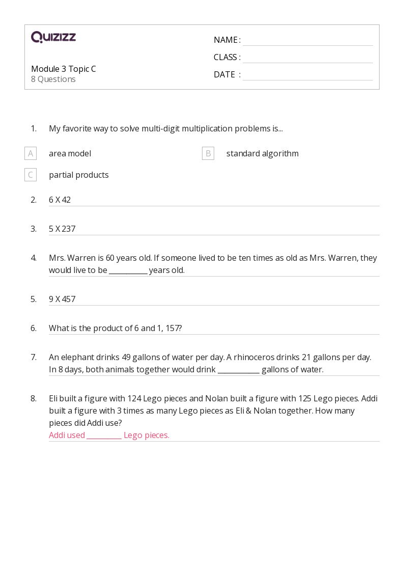 50+ MultiDigit Multiplication and the Standard Algorithm worksheets for 4th Grade on Quizizz