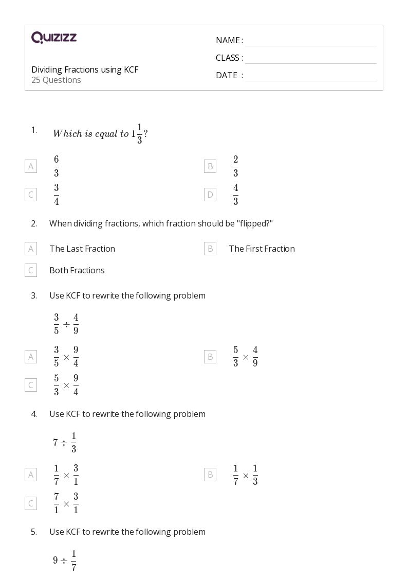 50+ Dividing Fractions worksheets for 8th Grade on Quizizz Free & Printable