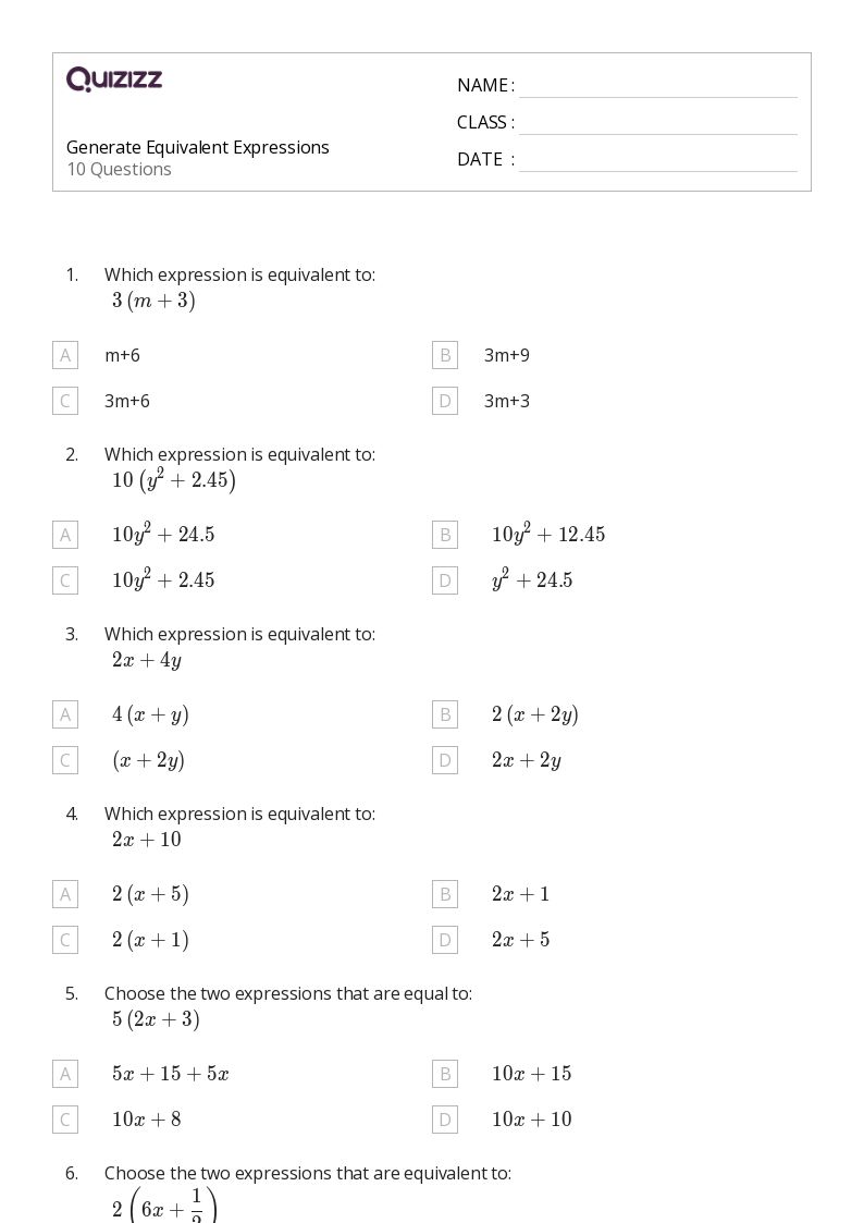 50+ Equivalent Expressions worksheets for 6th Grade on Quizizz | Free