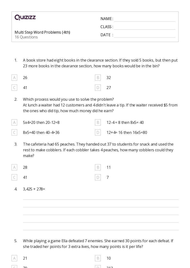 50+ Multi-Step Word Problems worksheets for 4th Grade on Quizizz | Free