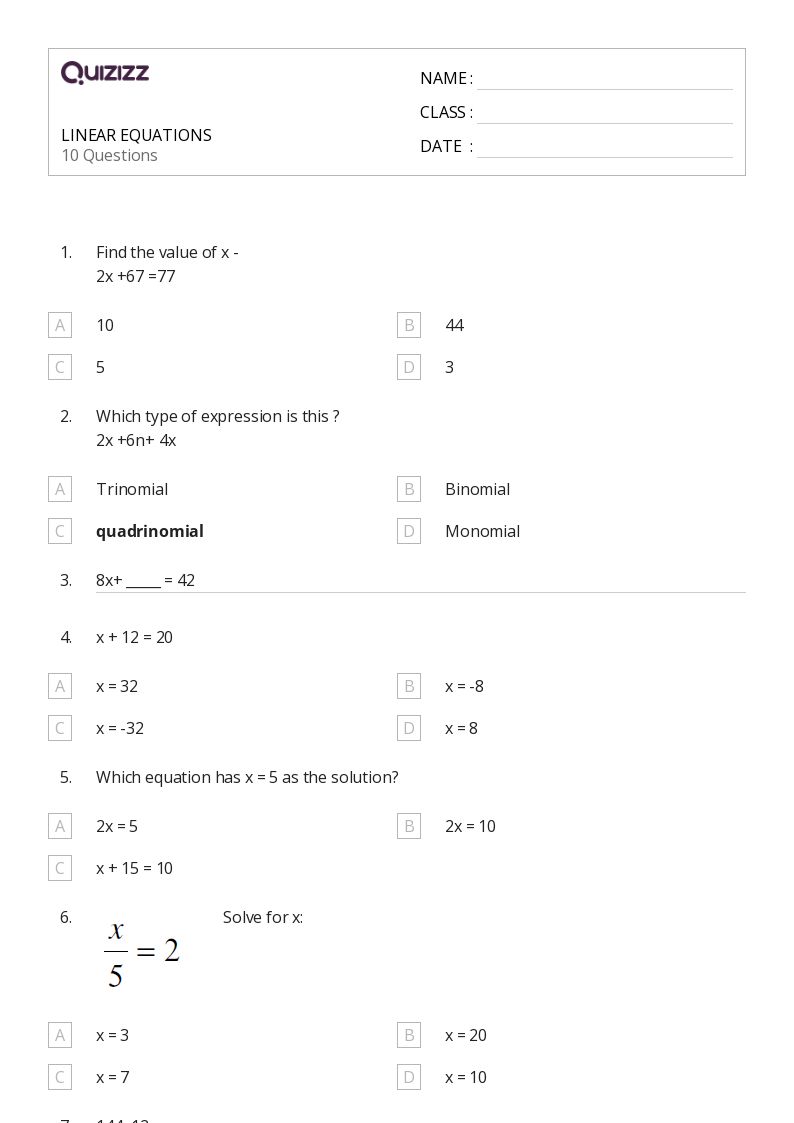 50+ Linear Equations worksheets for 7th Class on Quizizz | Free & Printable