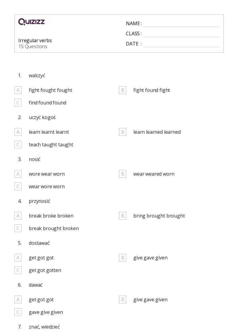 50+ Irregular Verbs worksheets for 7th Grade on Quizizz Free & Printable