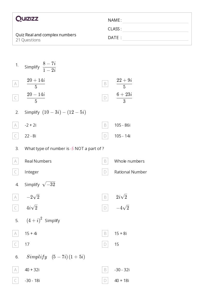 50+ complex numbers worksheets for 8th Grade on Quizizz Free & Printable