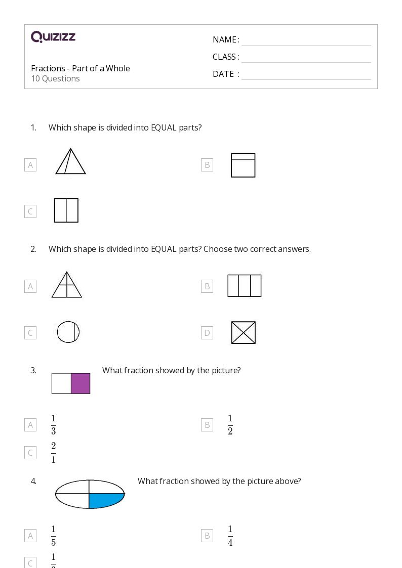 50+ Fractions as Parts of a Whole worksheets for 1st Year on Quizizz Free & Printable