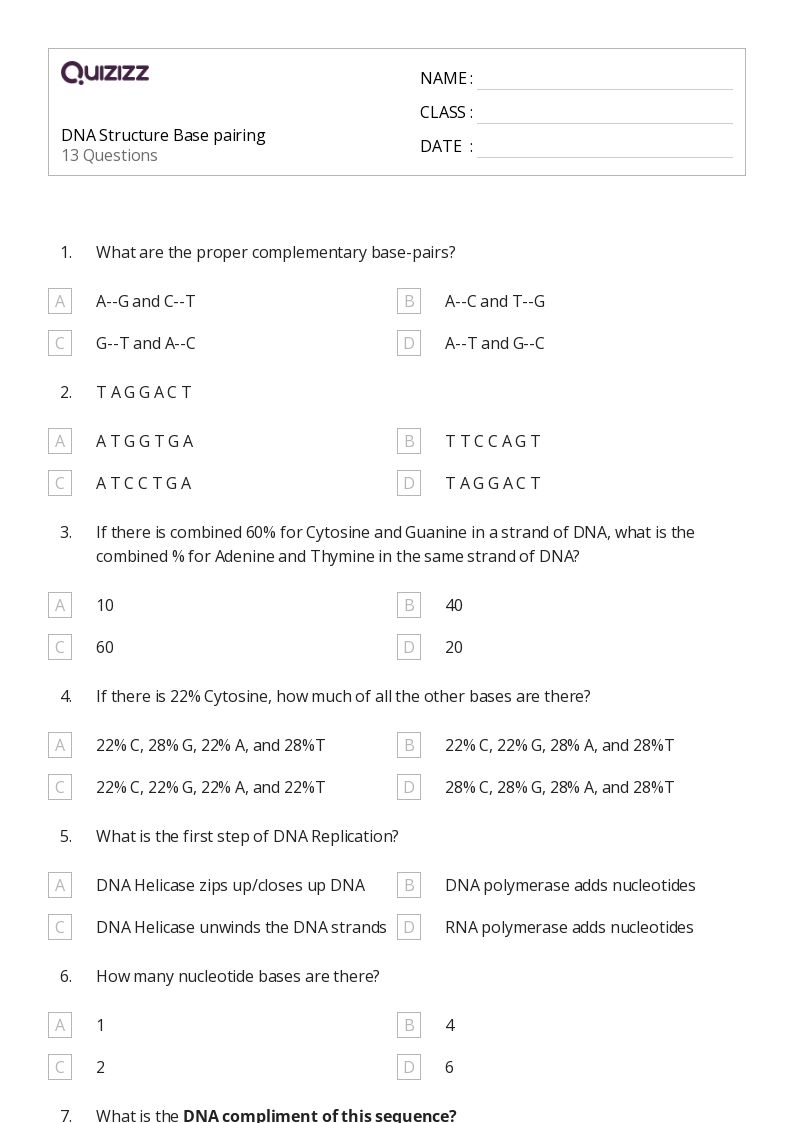50+ dna structure and replication worksheets for 10th Grade on Quizizz Free & Printable