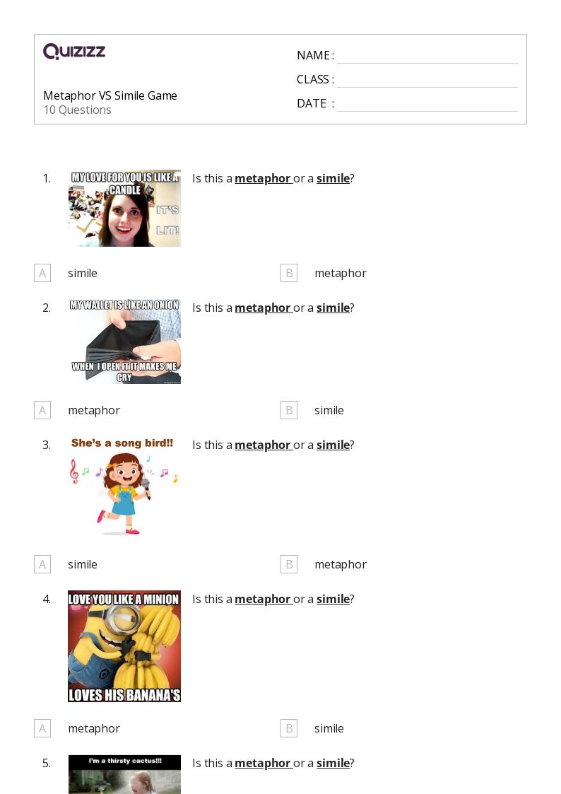 50+ Metaphors worksheets for Kindergarten on Quizizz Free & Printable