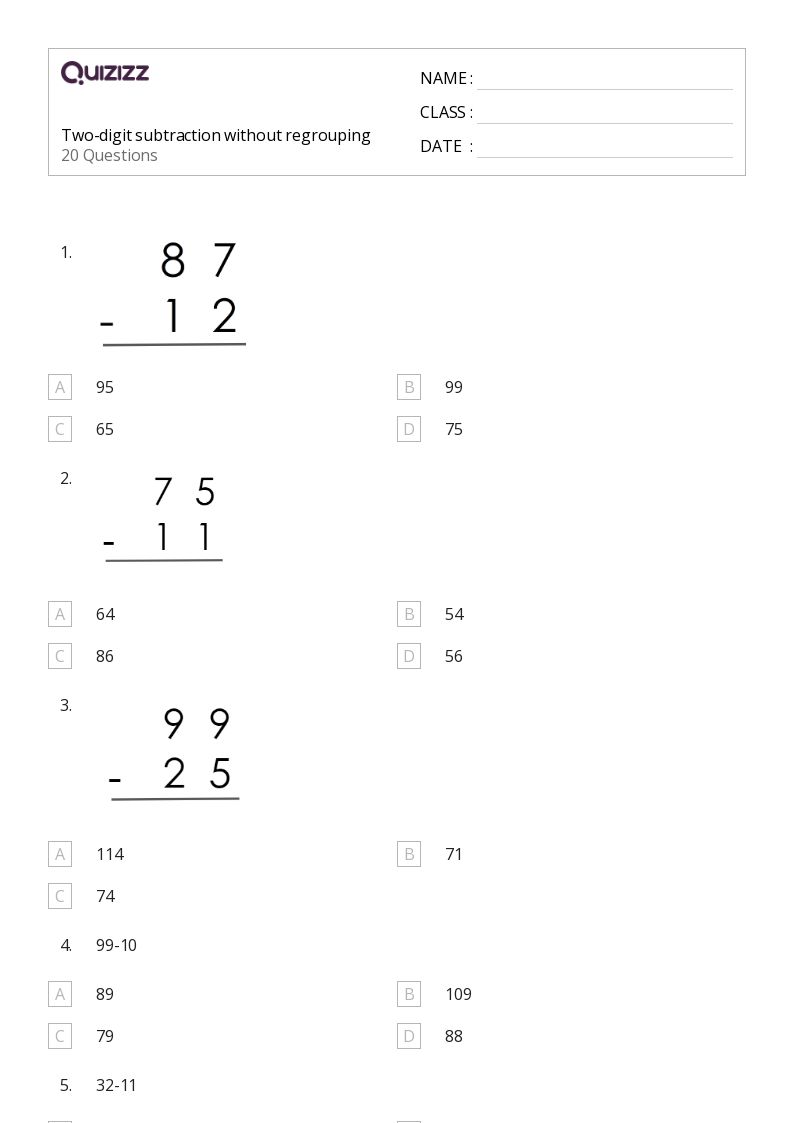 50+ TwoDigit Subtraction worksheets for 2nd Grade on Quizizz Free & Printable