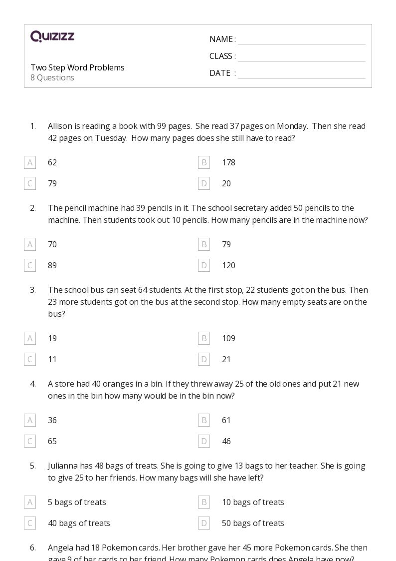 50+ TwoStep Word Problems worksheets for 2nd Class on Quizizz Free