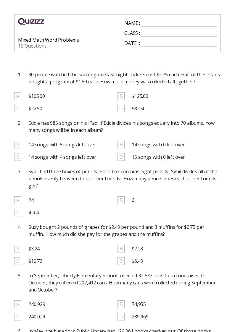 50+ Math Word Problems worksheets for 5th Grade on Quizizz Free & Printable