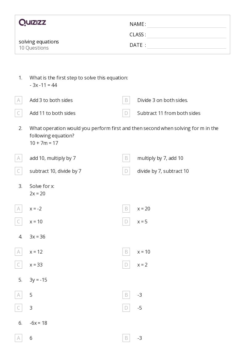 50+ Solving Equations worksheets on Quizizz Free & Printable