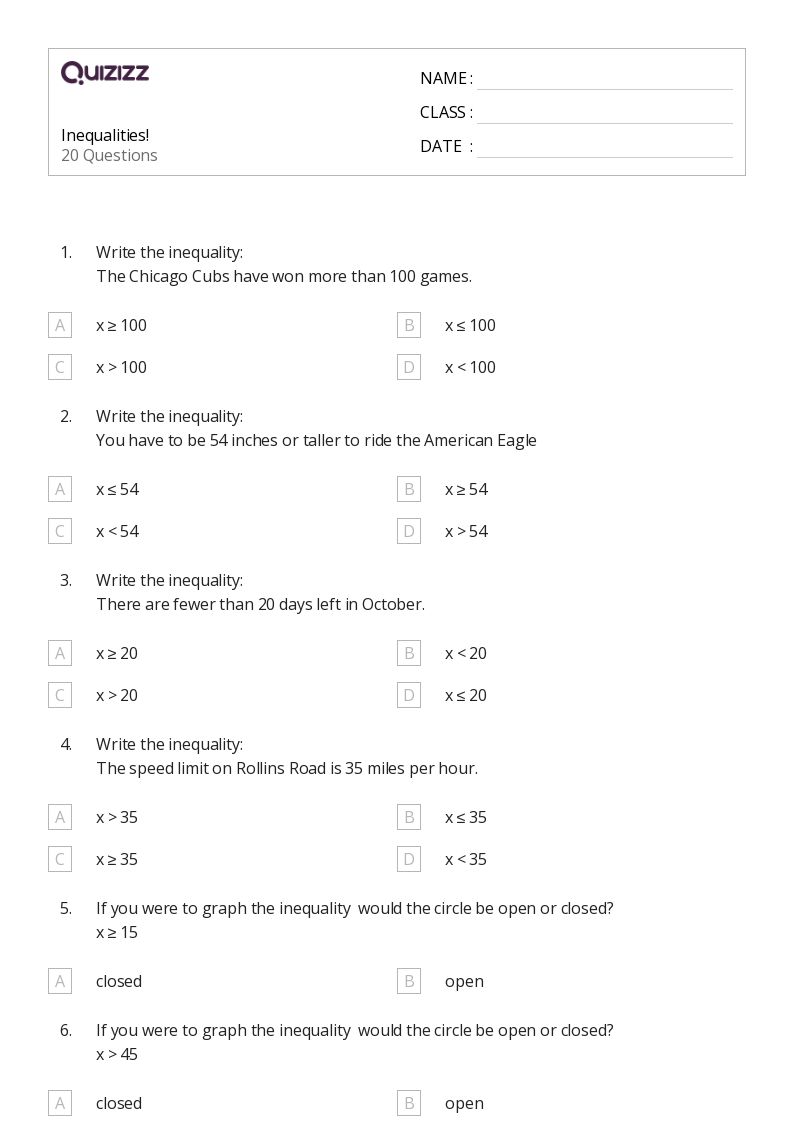 50+ Inequalities worksheets on Quizizz | Free & Printable