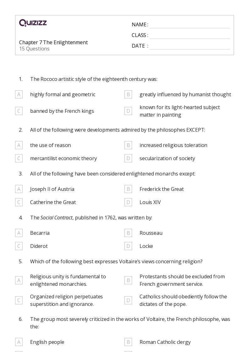 50+ the enlightenment worksheets on Quizizz Free & Printable