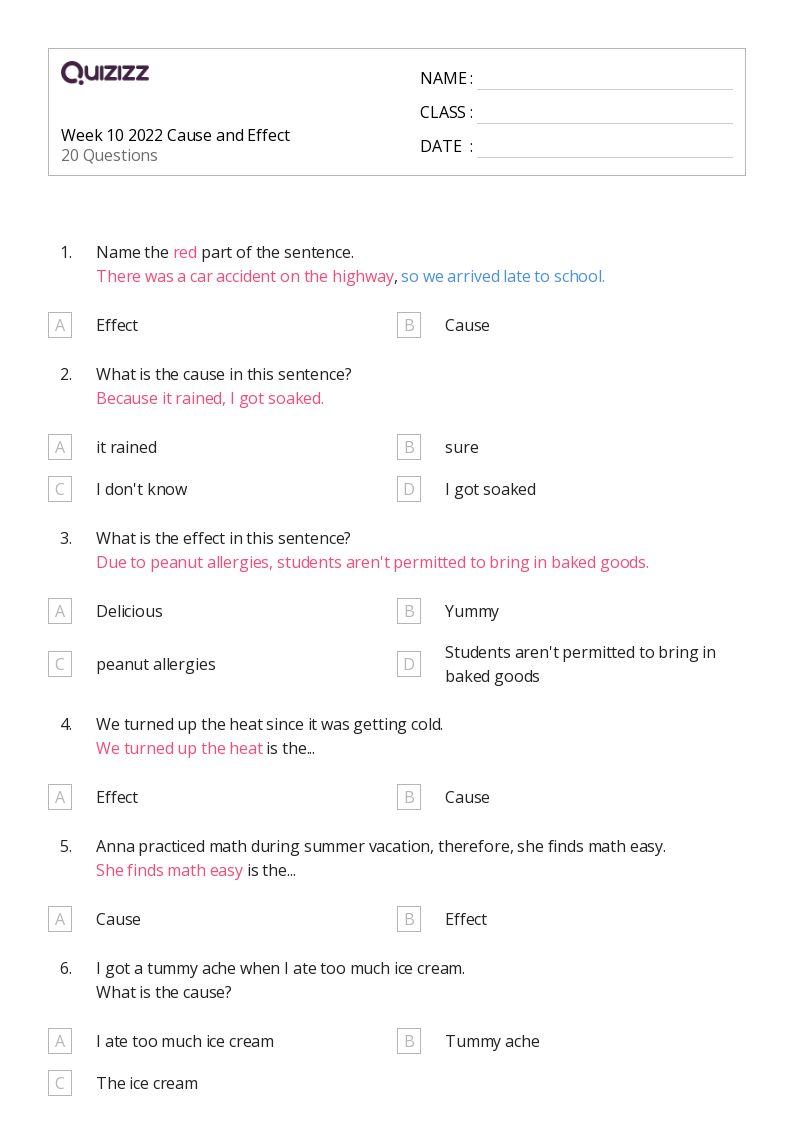 50+ Cause and Effect worksheets for 6th Grade on Quizizz | Free & Printable