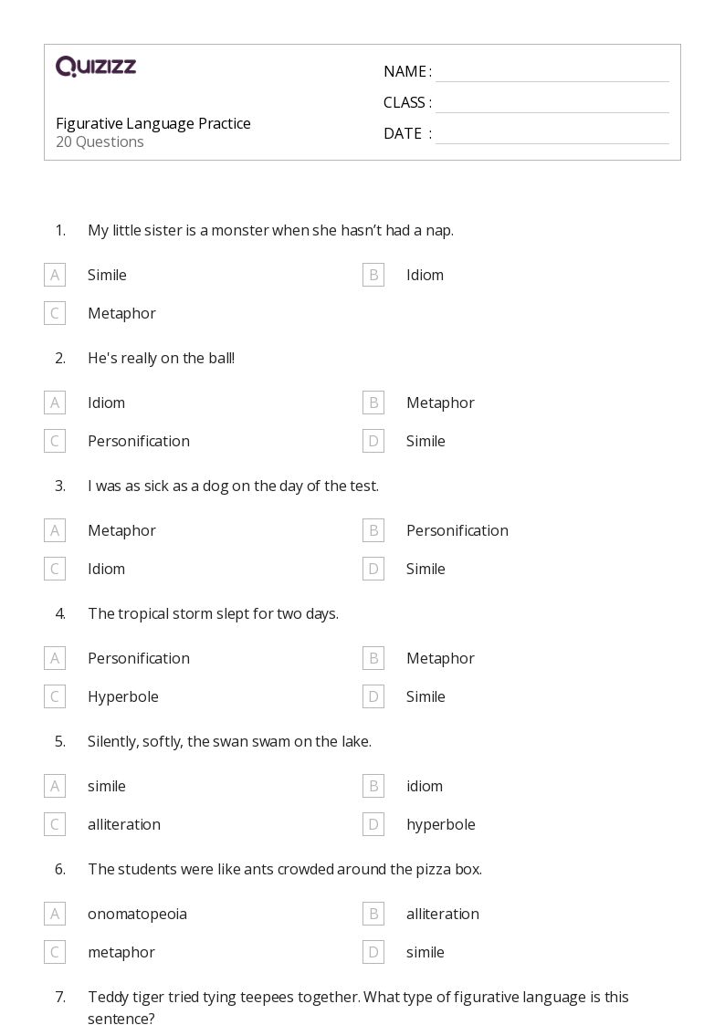 50+ Figurative Language worksheets for 8th Grade on Quizizz Free