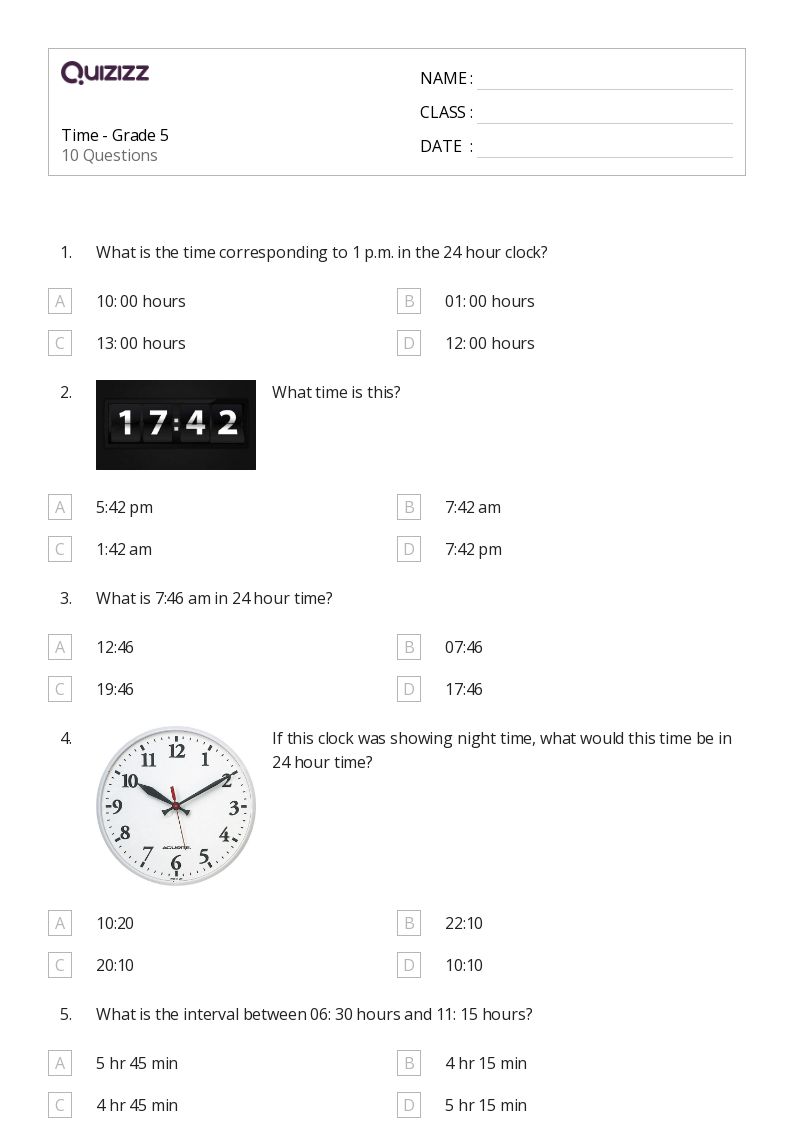 50+ Time worksheets for 5th Class on Quizizz Free & Printable