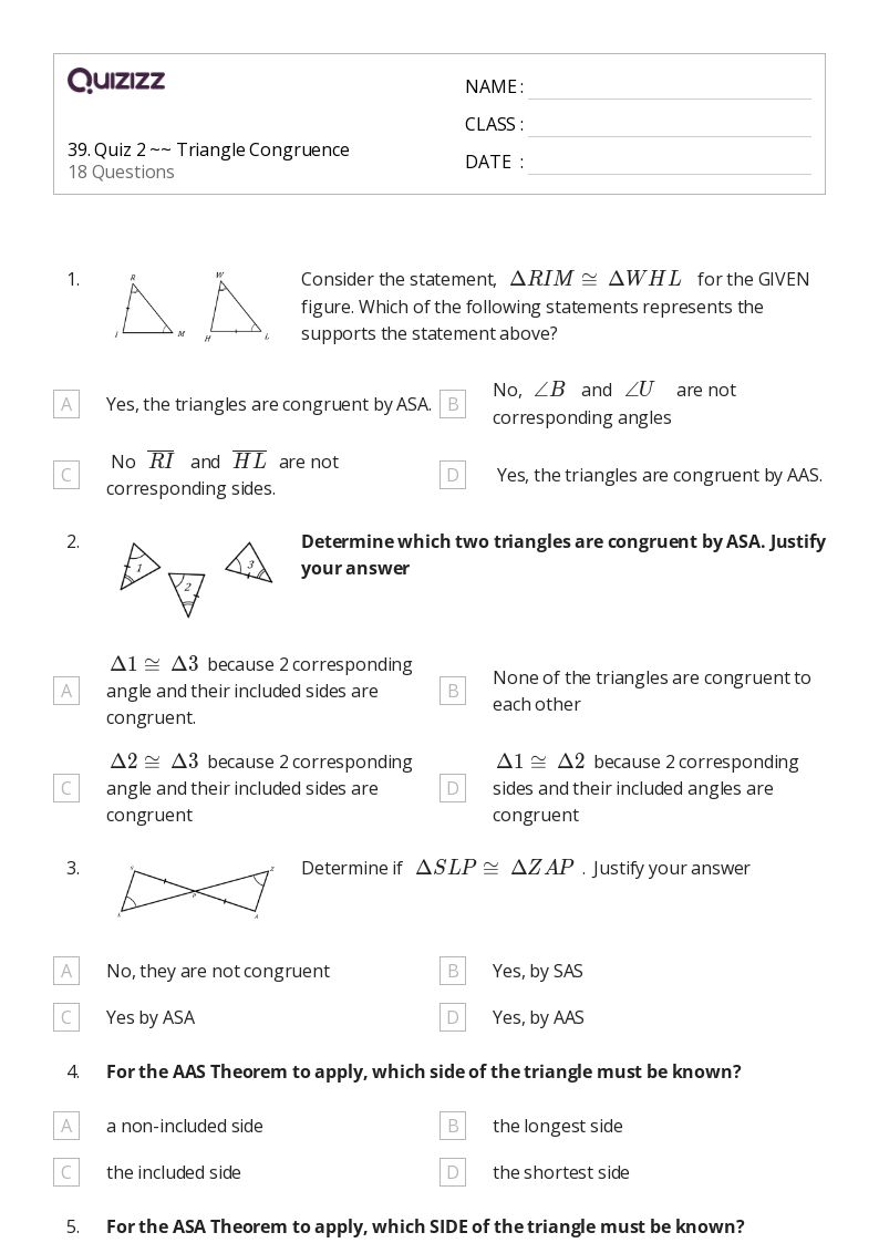 50+ congruent triangles sss sas and asa worksheets on Quizizz Free