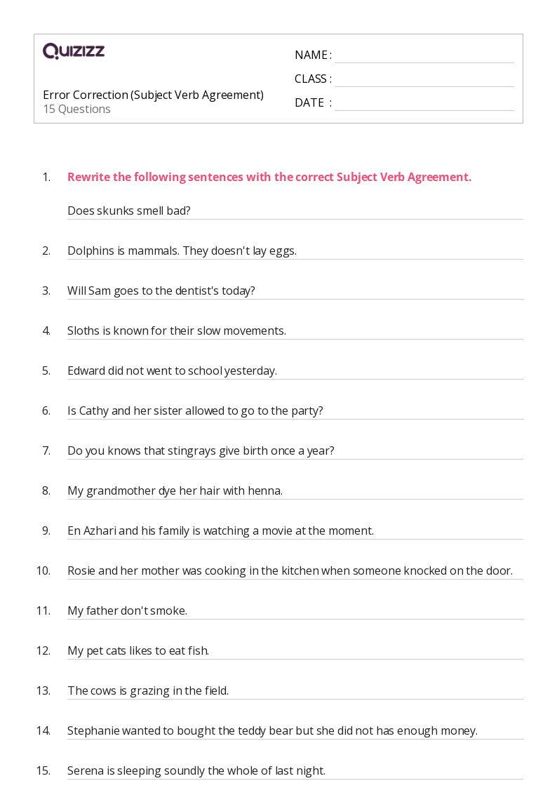 50+ SubjectVerb Agreement worksheets on Quizizz Free & Printable