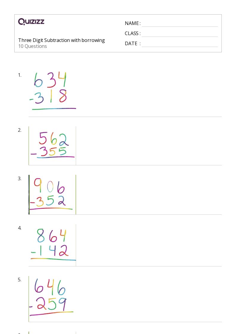50+ ThreeDigit Subtraction worksheets for 2nd Year on Quizizz Free & Printable