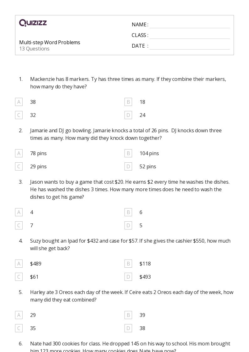 50+ MultiStep Word Problems worksheets on Quizizz Free & Printable