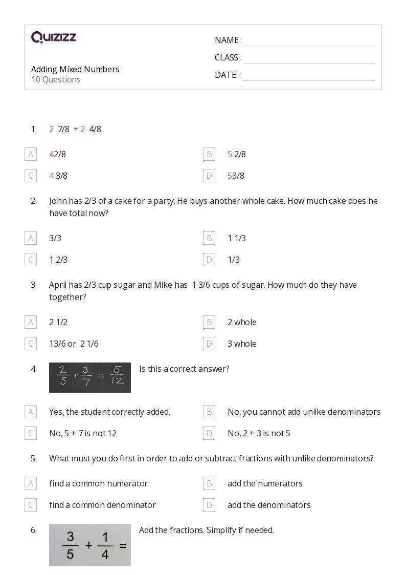 50+ Adding Mixed Numbers worksheets for 8th Grade on Quizizz Free & Printable