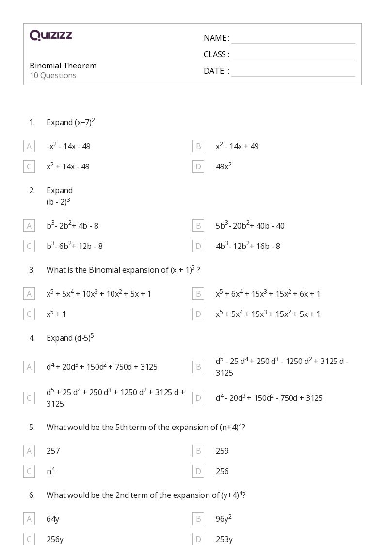 50+ binomial theorem worksheets on Quizizz Free & Printable