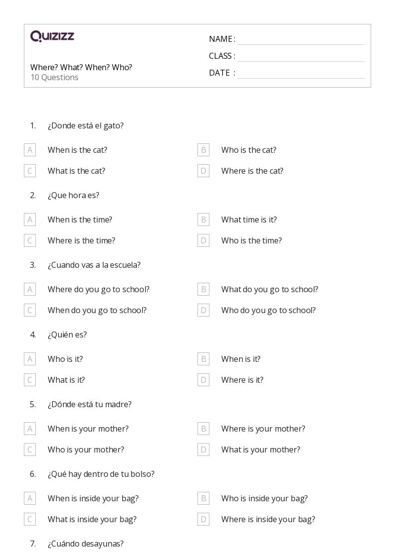 50+ Who What When Where Why Questions worksheets for 2nd Year on