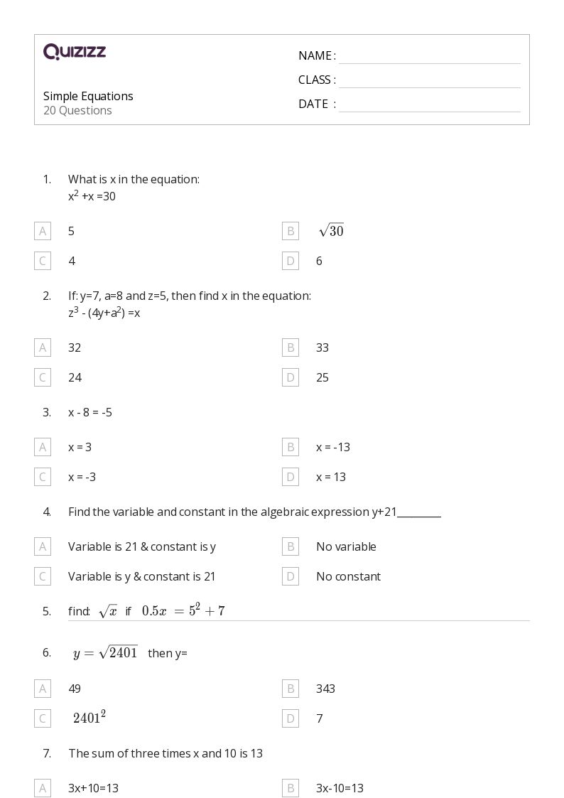 Printable OneVariable Equations Worksheets for Class 5 Quizizz