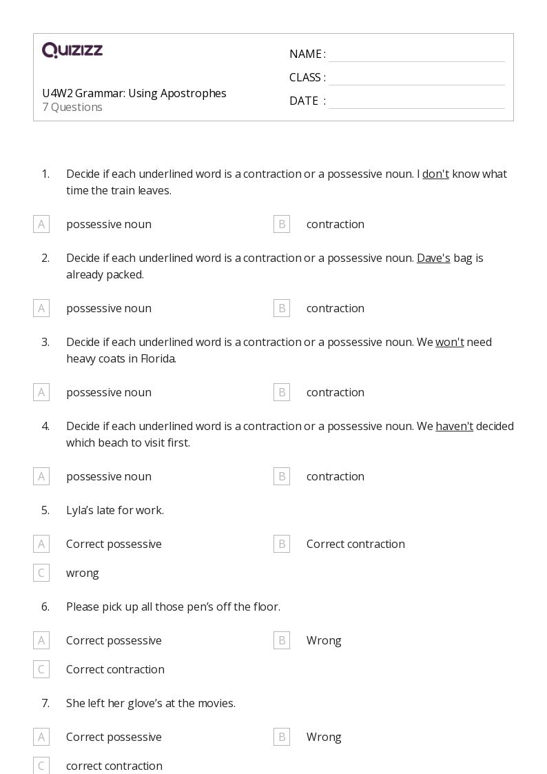 50+ Apostrophes worksheets for 3rd Grade on Quizizz Free & Printable