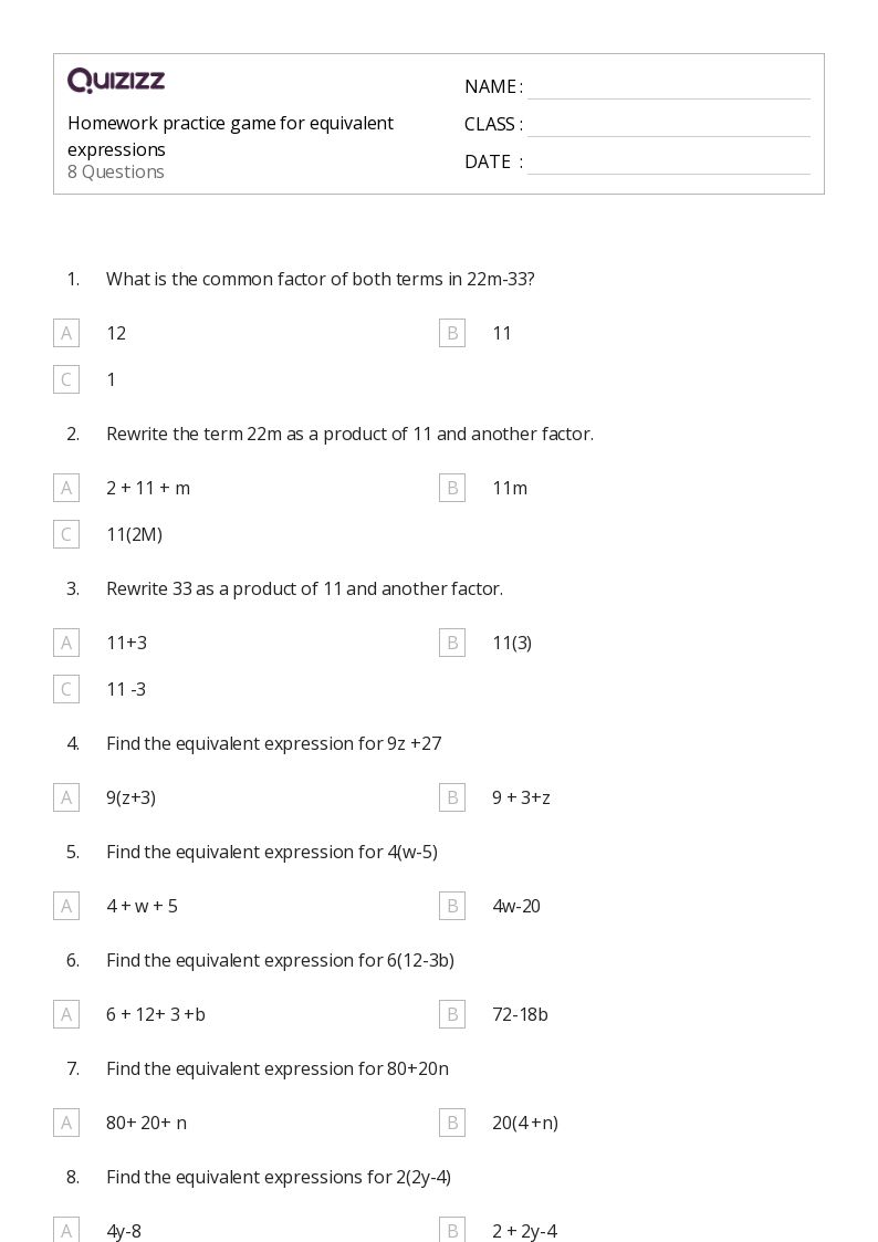 50+ Equivalent Expressions worksheets for 5th Grade on Quizizz | Free