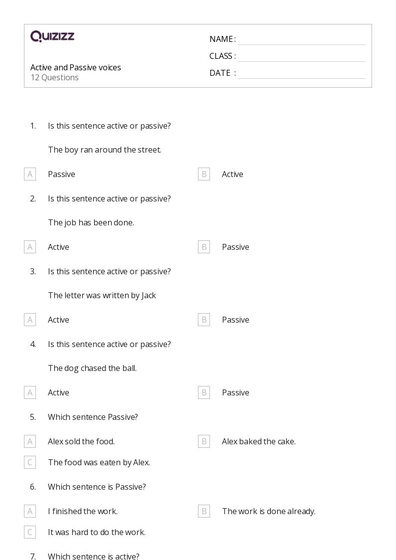 50+ Active and Passive Voice worksheets for 7th Grade on Quizizz Free & Printable