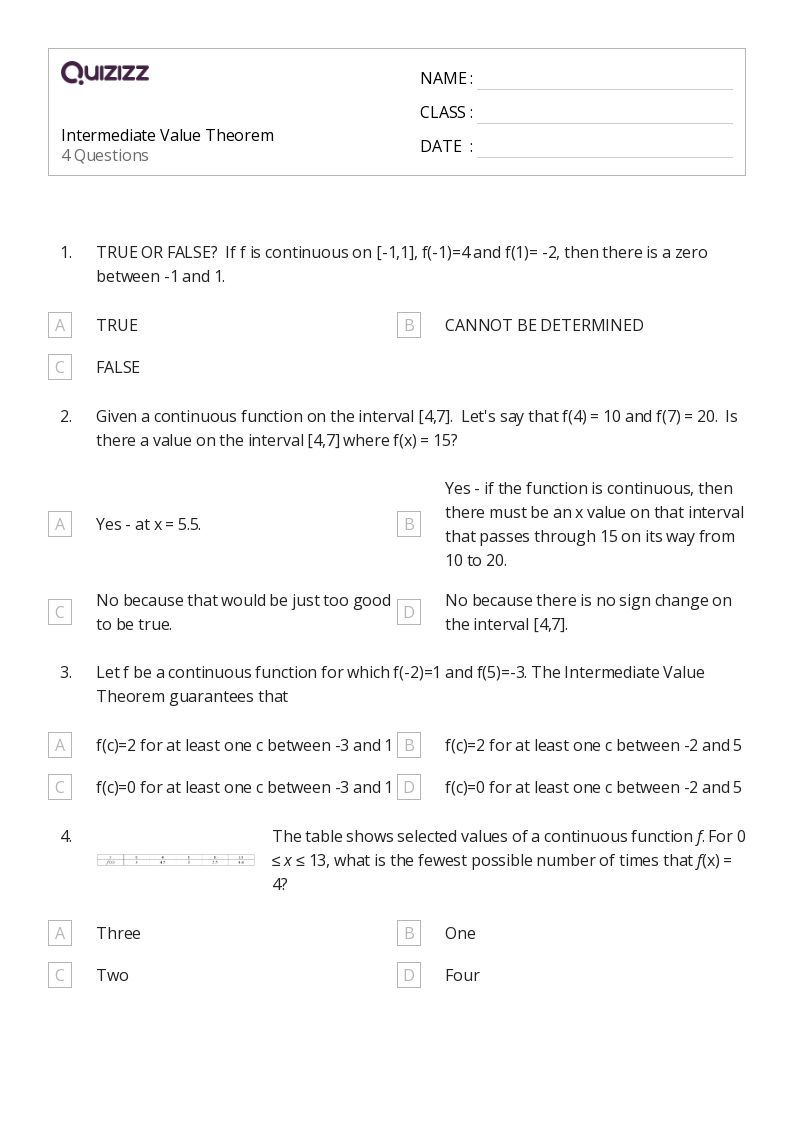 50+ intermediate value theorem worksheets for 12th Class on Quizizz Free & Printable