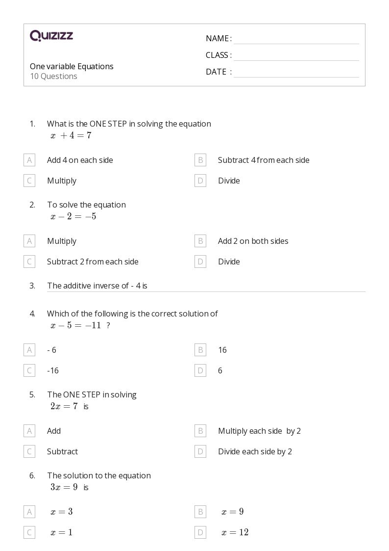 50+ OneVariable Equations worksheets for 6th Class on Quizizz Free