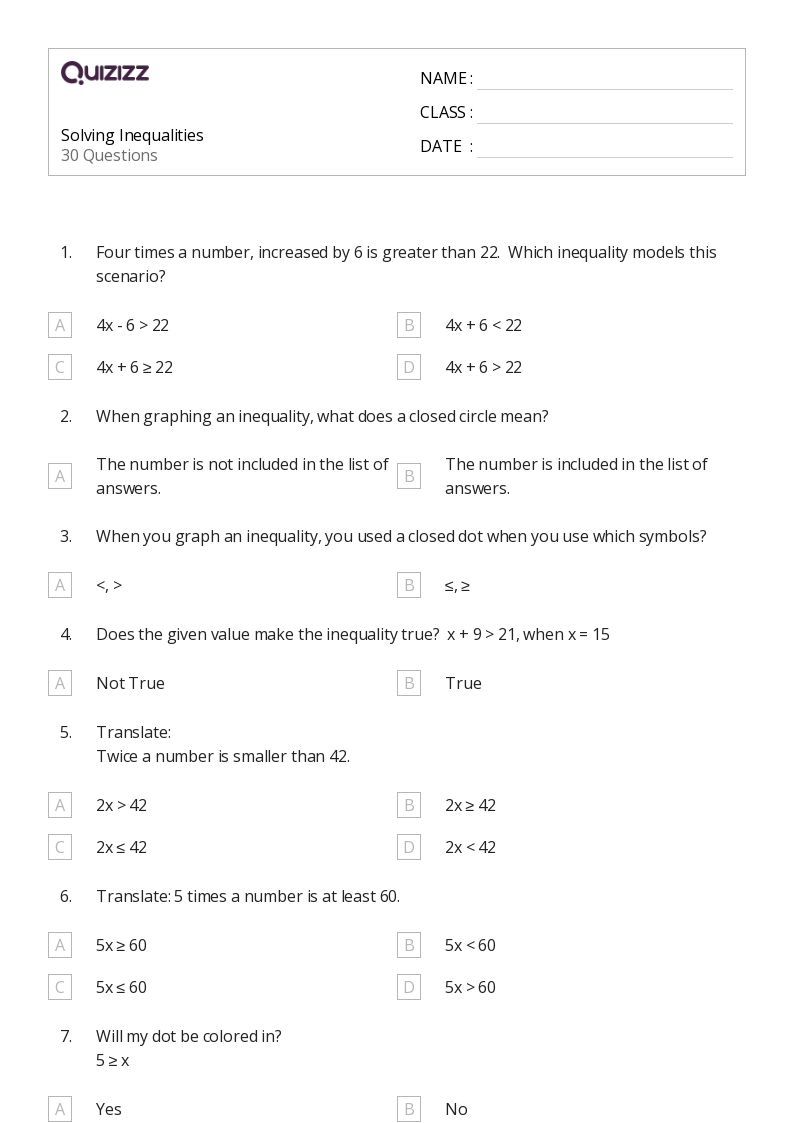 50+ Solving Inequalities worksheets for 6th Grade on Quizizz Free & Printable