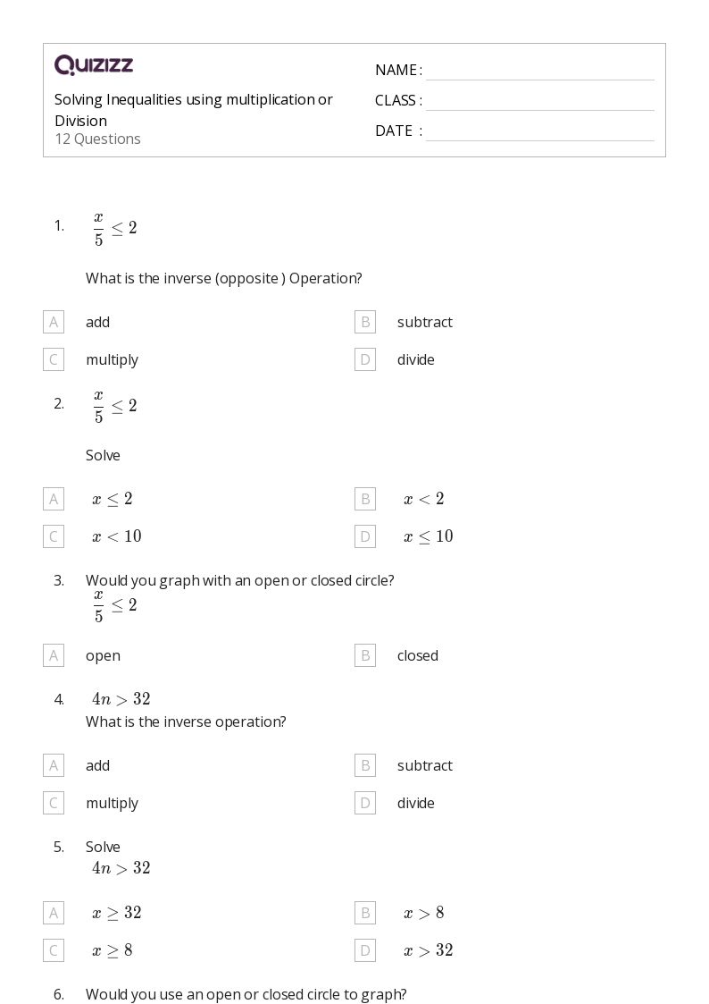 50+ Solving Inequalities worksheets for 4th Grade on Quizizz Free & Printable