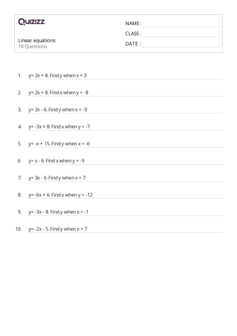 50+ Linear Equations worksheets for 6th Class on Quizizz Free & Printable