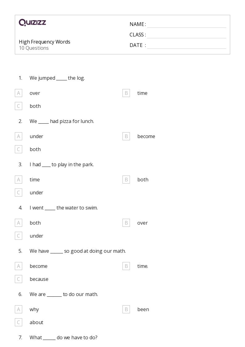 50+ High Frequency Words worksheets on Quizizz | Free & Printable