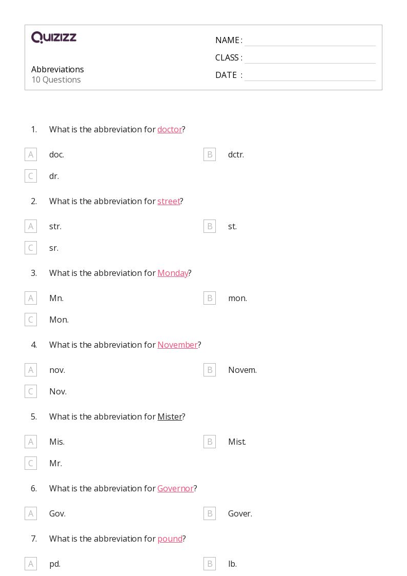50+ Abbreviations worksheets for 3rd Grade on Quizizz | Free & Printable