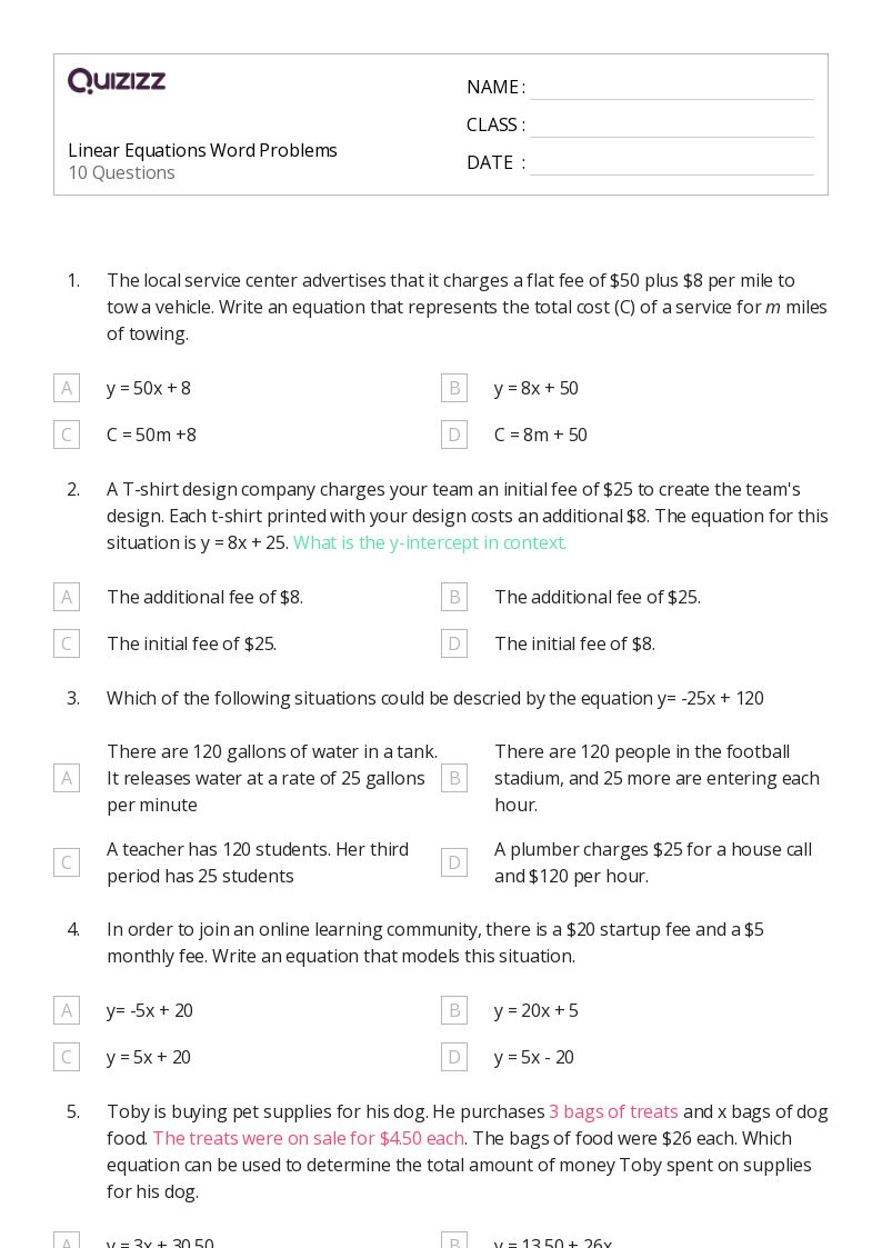 50+ Linear Equations worksheets for 7th Grade on Quizizz | Free & Printable