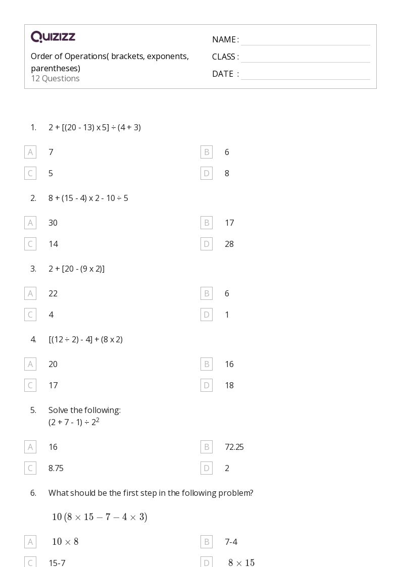 50+ Order of Operations worksheets for 5th Grade on Quizizz Free