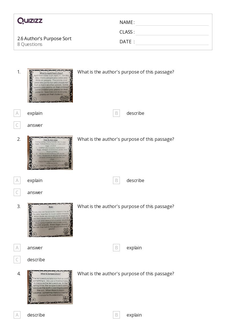 50+ Identifying the Author's Purpose worksheets for 2nd Grade on Quizizz Free & Printable
