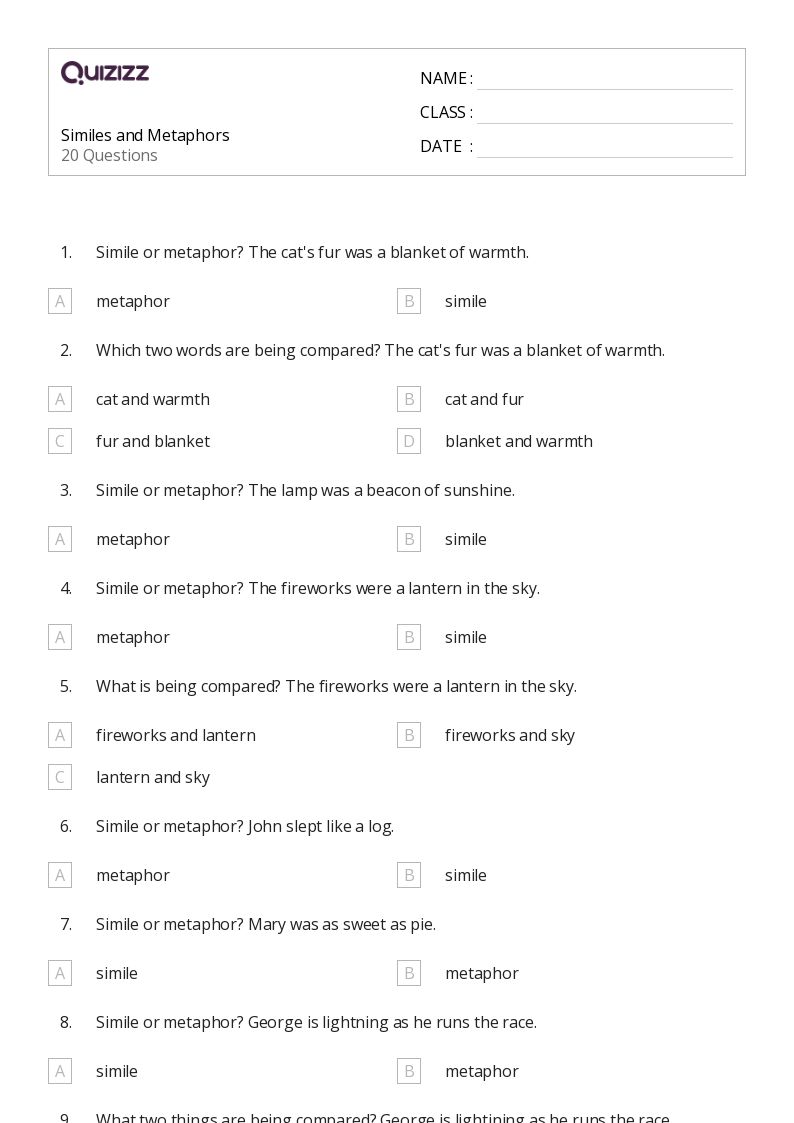 50+ Metaphors worksheets for 7th Grade on Quizizz Free & Printable
