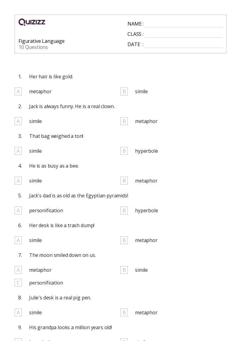 50+ Figurative Language worksheets for 4th Grade on Quizizz Free & Printable