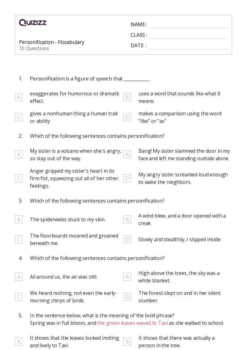 50+ Personification worksheets for 5th Grade on Quizizz Free & Printable