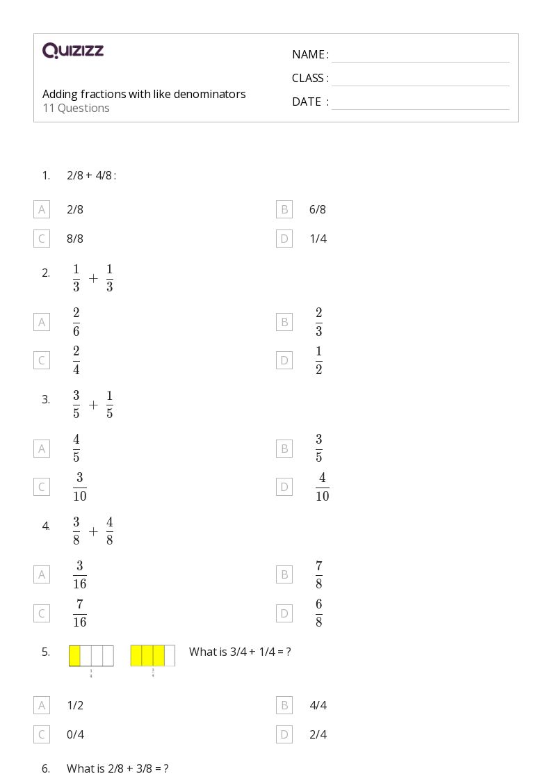 50+ Adding Fractions with Like Denominators worksheets for 5th Grade on Quizizz Free & Printable